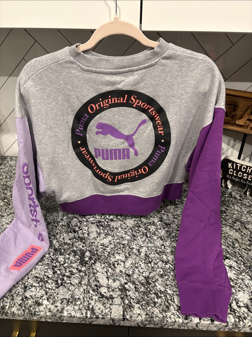 Puma Gray & Purple Colorblock Cropped Sweatshirt